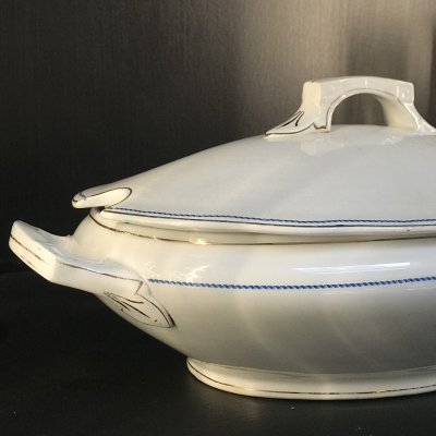 Vintage  tureen with blue rope and gold line