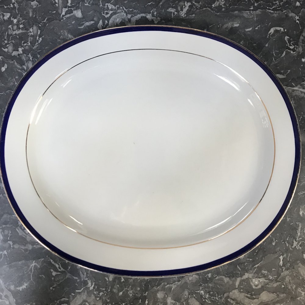 Vintage oval tray with blue edge and gold line