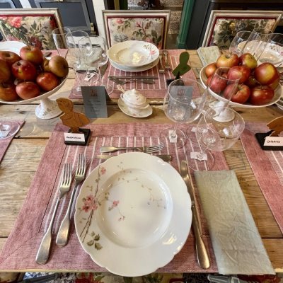 vintage table set decorated with peach flowers